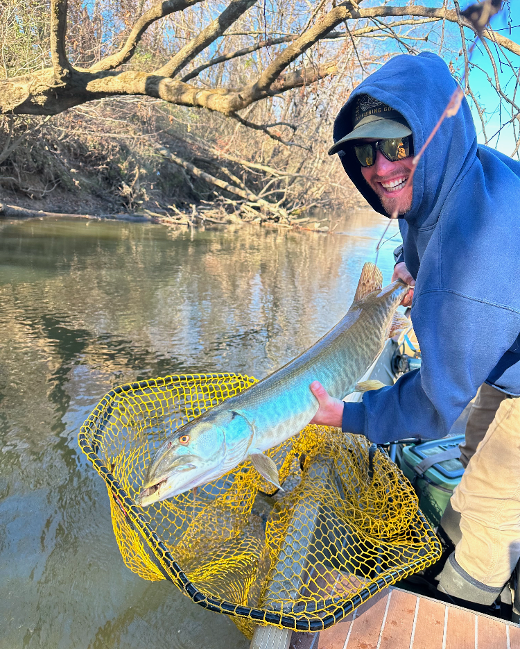 Fishing guide holding a fish in a yellow net.
