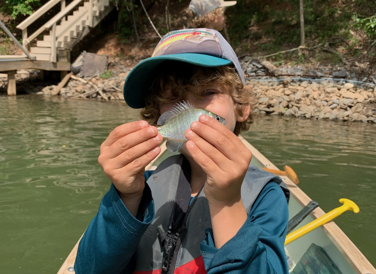 Boy holding a small fish.
