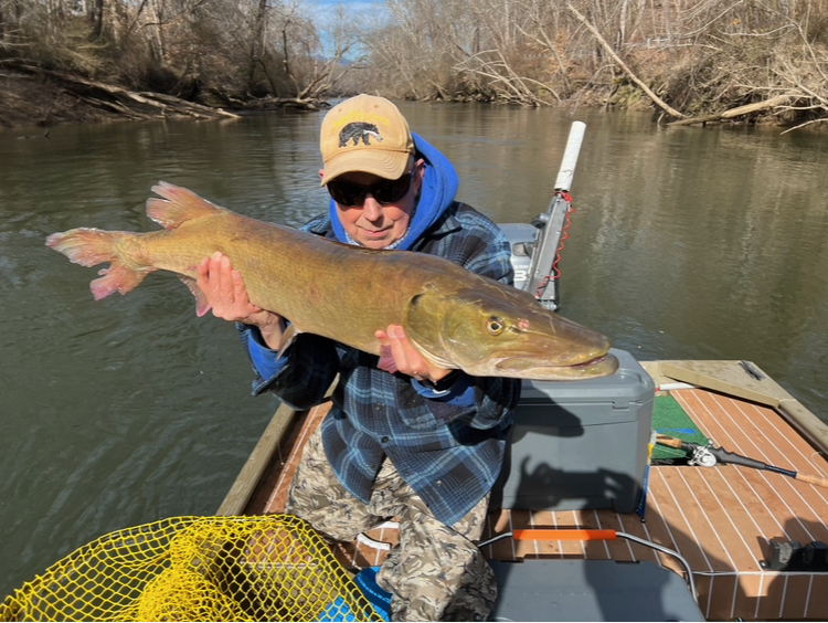Muskie caught and a man posing with it.