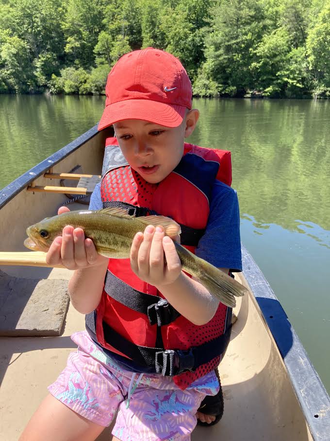 Boy in a boat holding a fish on the lake.